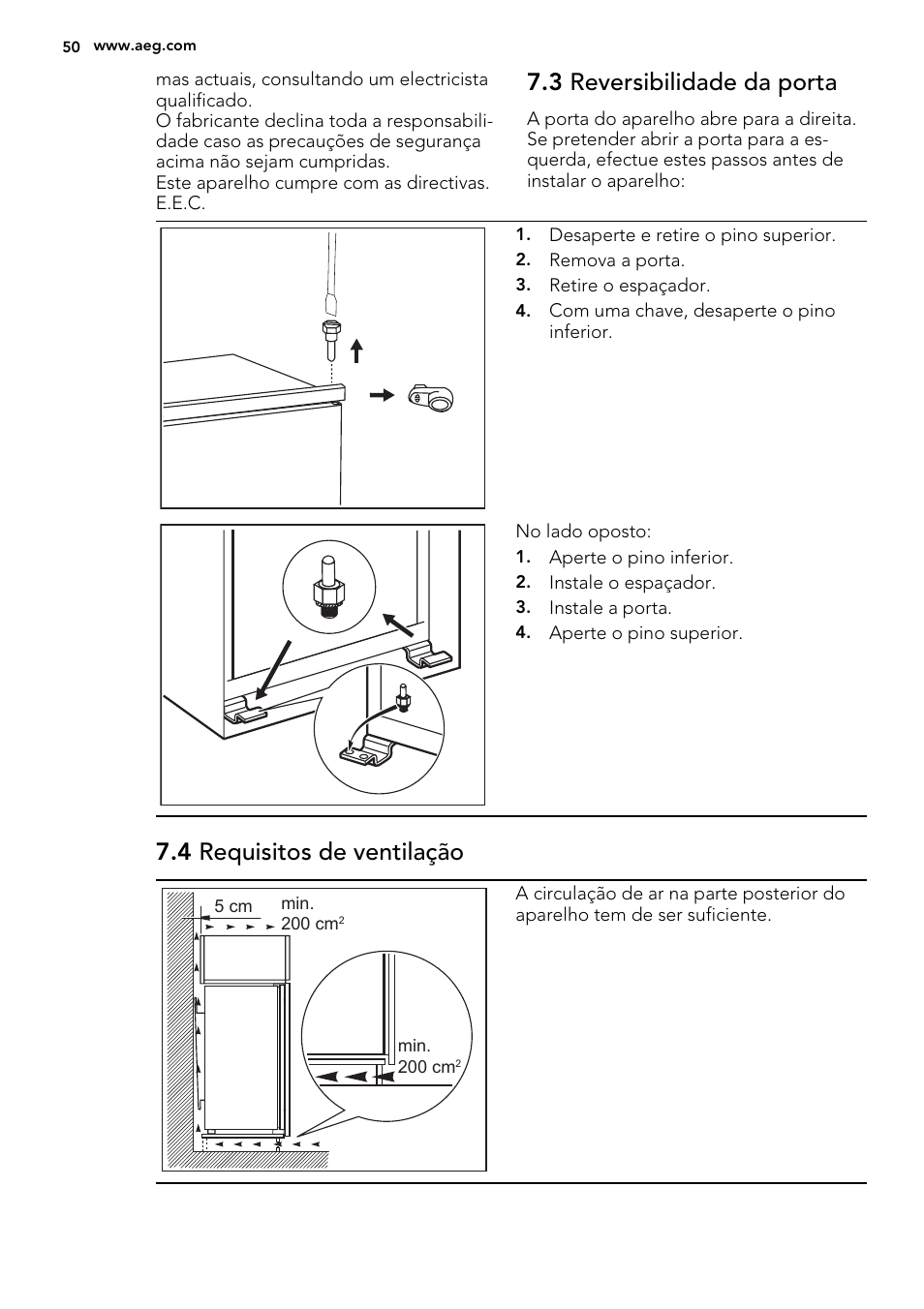 3 reversibilidade da porta, 4 requisitos de ventilação | AEG SKS68240F0 User Manual | Page 50 / 80