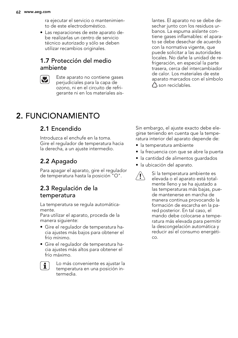 Funcionamiento, 7 protección del medio ambiente, 1 encendido | 2 apagado, 3 regulación de la temperatura | AEG SKS68240F0 User Manual | Page 62 / 80