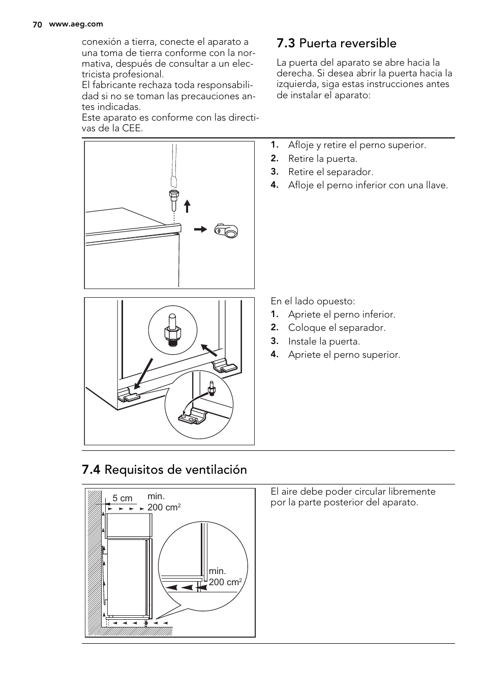 3 puerta reversible, 4 requisitos de ventilación | AEG SKS68240F0 User Manual | Page 70 / 80