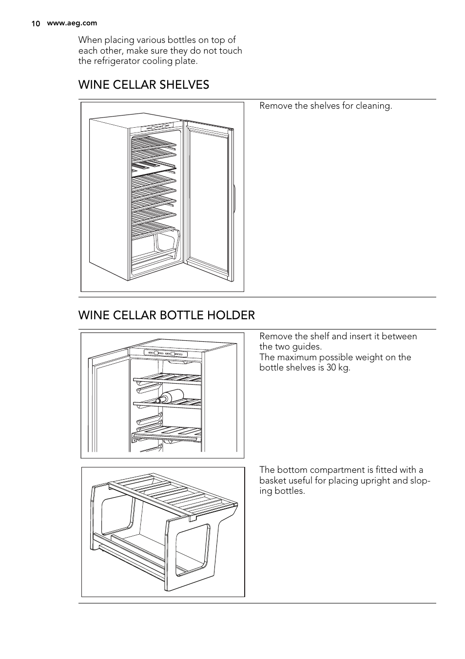 Wine cellar shelves, Wine cellar bottle holder | AEG SWD81800G1 User Manual | Page 10 / 88