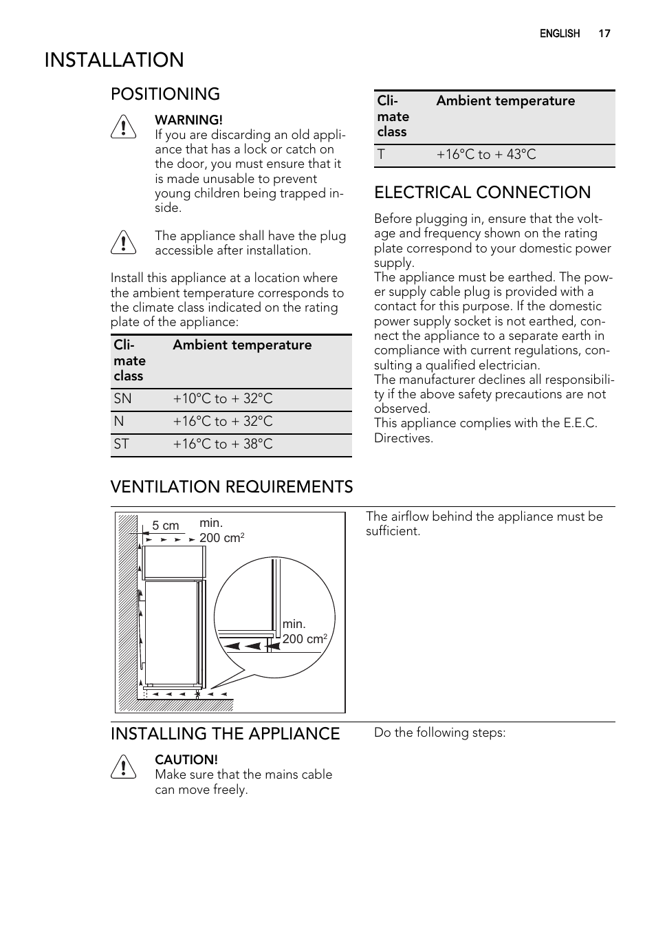 Installation, Positioning, Electrical connection | Ventilation requirements, Installing the appliance | AEG SWD81800G1 User Manual | Page 17 / 88