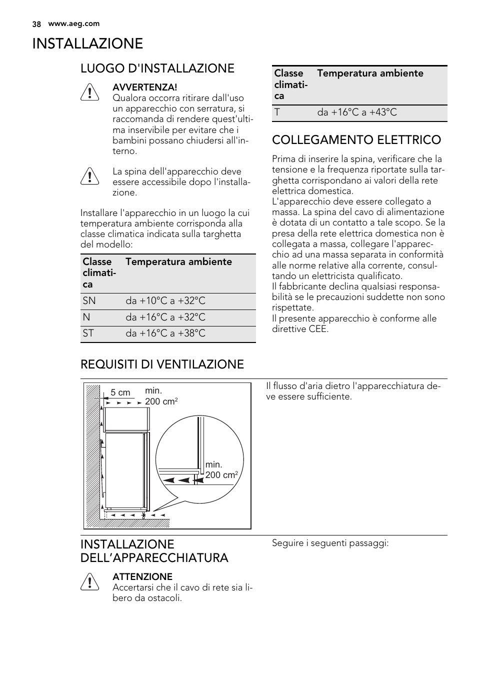 Installazione, Luogo d'installazione, Collegamento elettrico | Requisiti di ventilazione, Installazione dell’apparecchiatura | AEG SWD81800G1 User Manual | Page 38 / 88