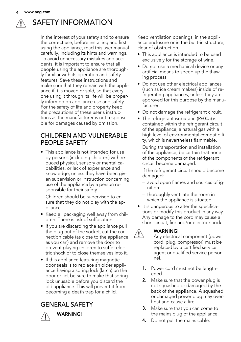 Safety information, Children and vulnerable people safety, General safety | AEG SWD81800G1 User Manual | Page 4 / 88