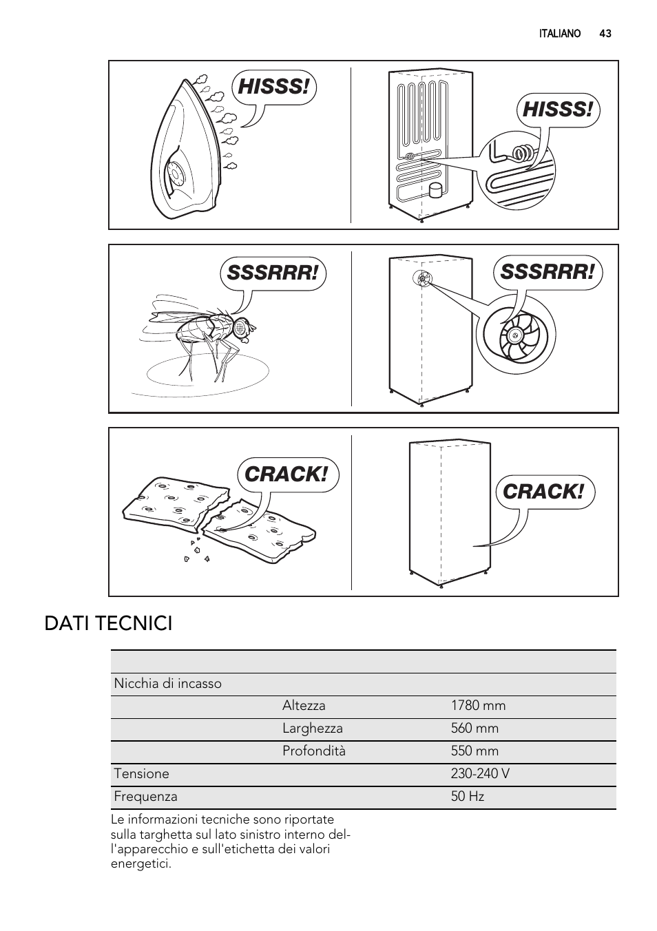 Hisss, Sssrrr, Crack | Dati tecnici | AEG SWD81800G1 User Manual | Page 43 / 88