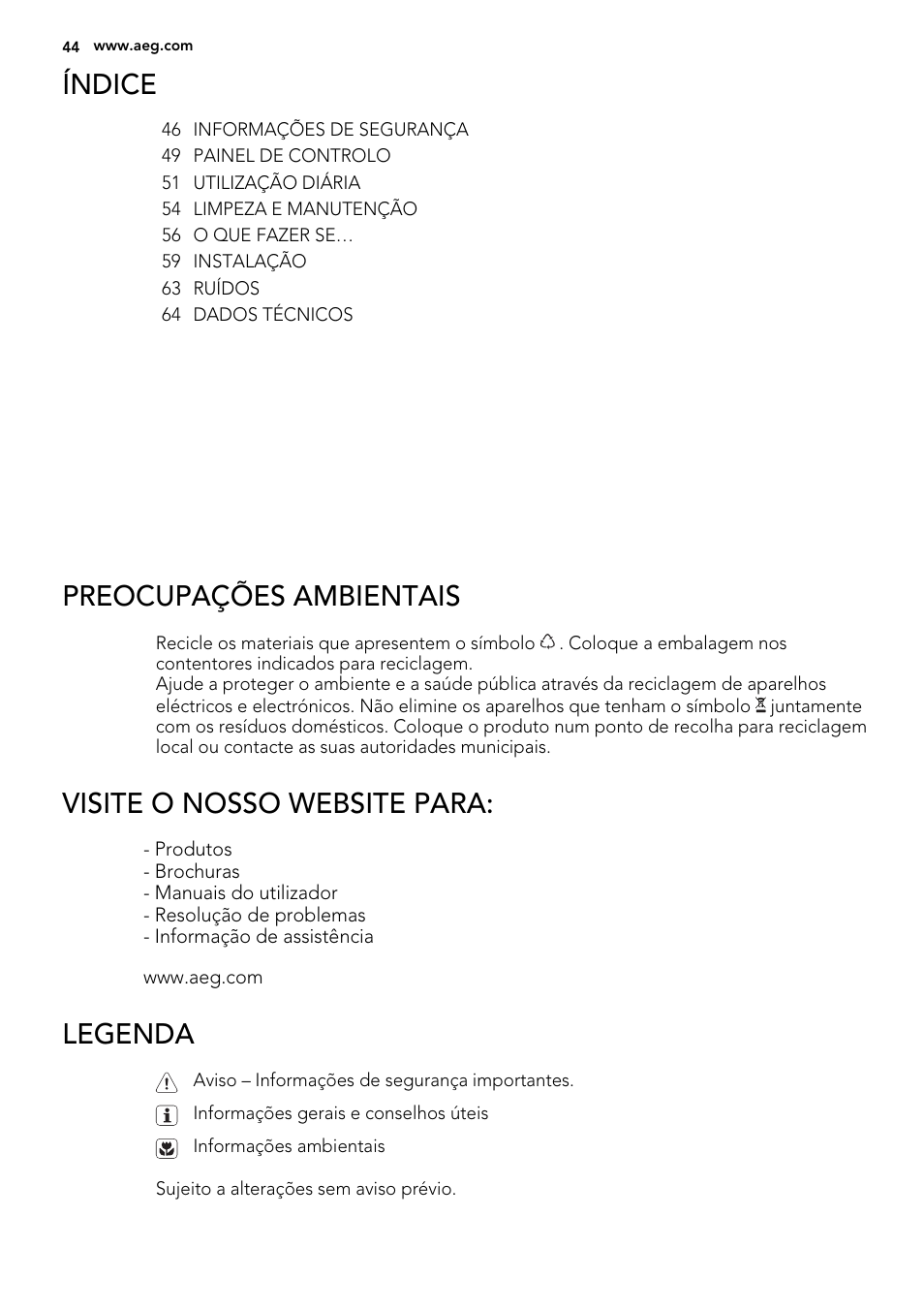 Índice, Preocupações ambientais, Visite o nosso website para | Legenda | AEG SWD81800G1 User Manual | Page 44 / 88