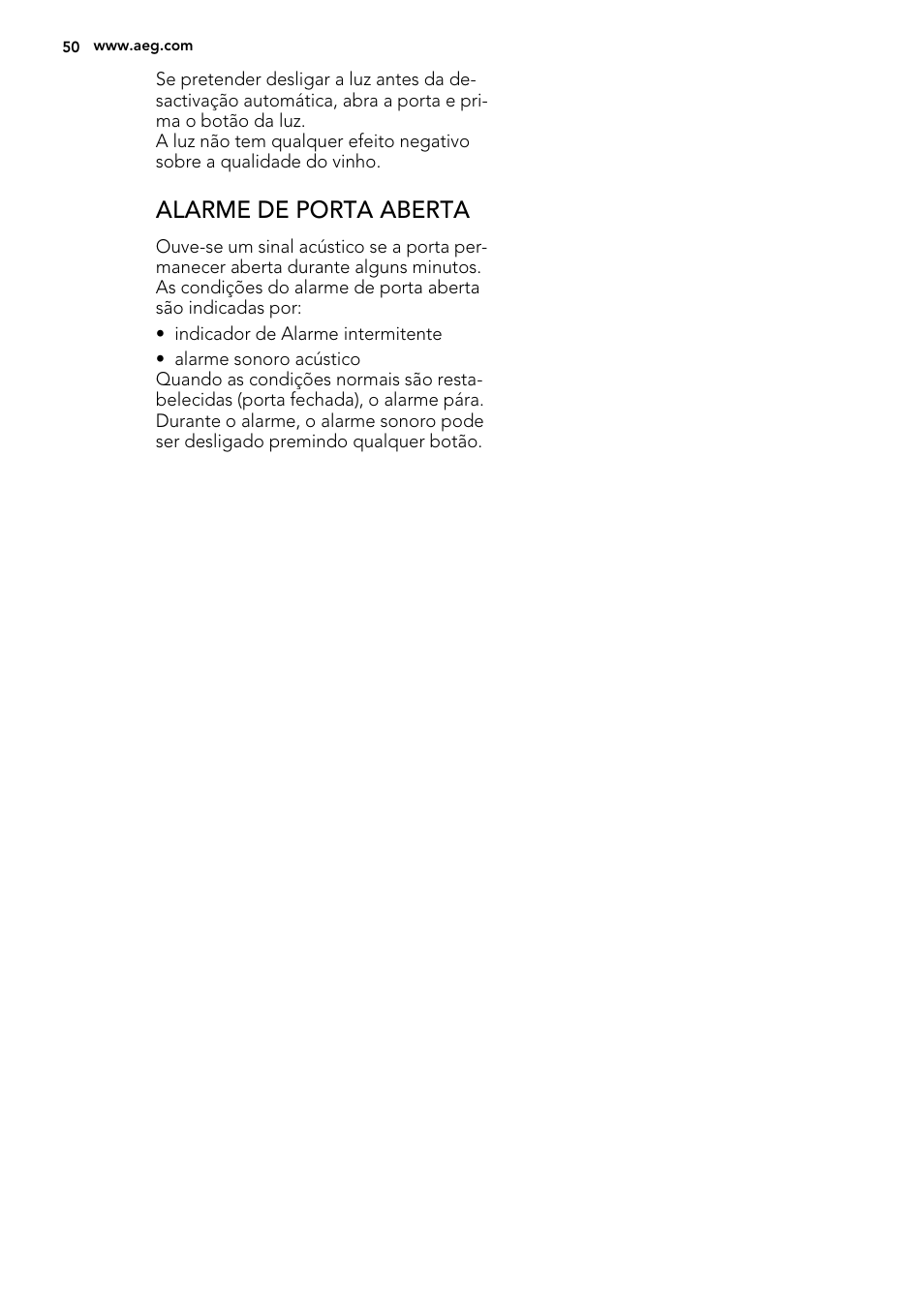 Alarme de porta aberta | AEG SWD81800G1 User Manual | Page 50 / 88