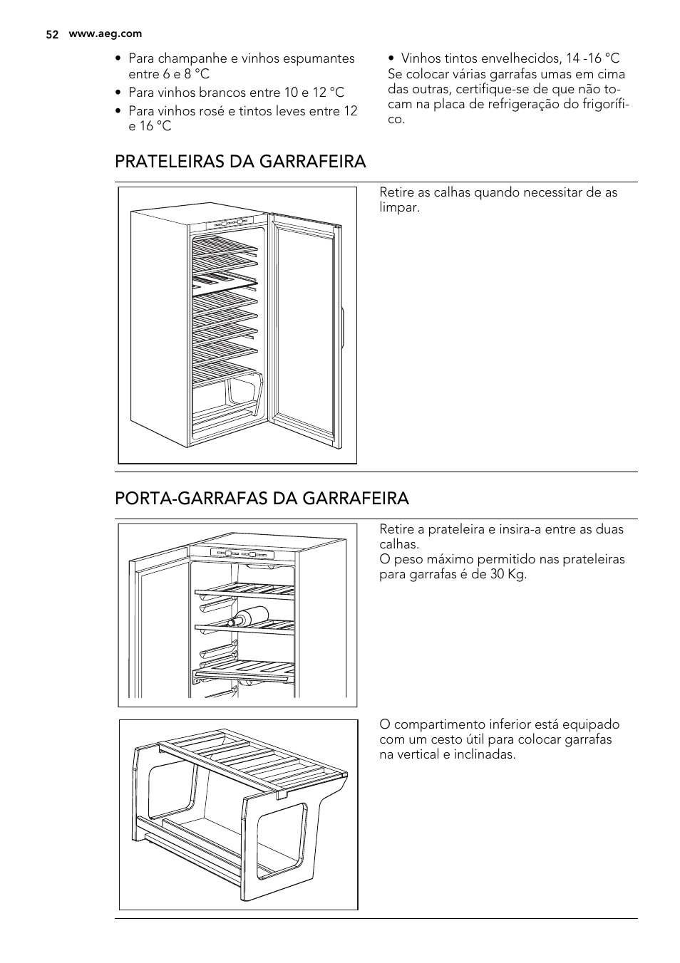 Prateleiras da garrafeira, Porta-garrafas da garrafeira | AEG SWD81800G1 User Manual | Page 52 / 88