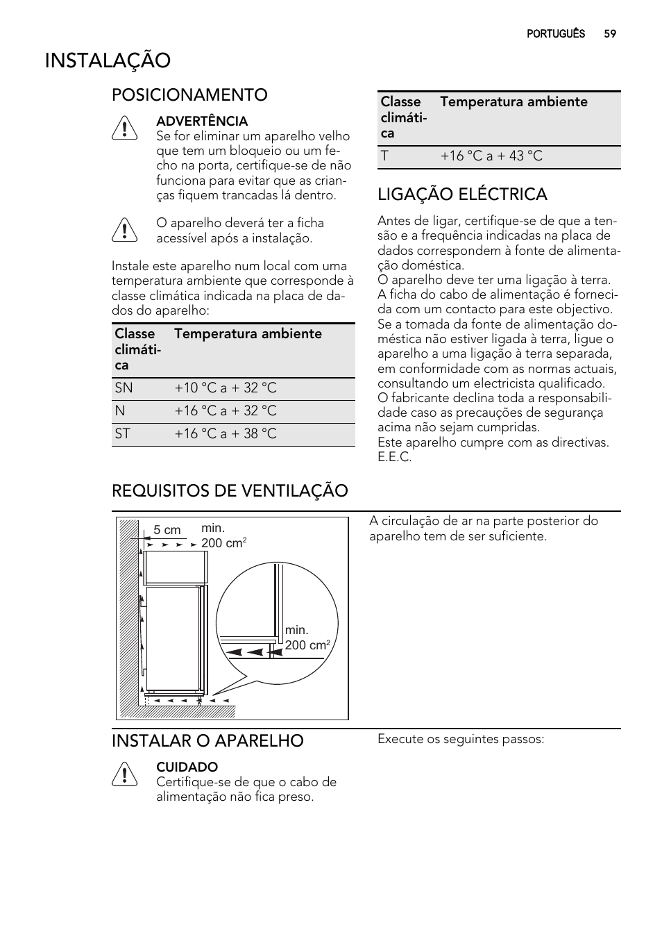 Instalação, Posicionamento, Ligação eléctrica | Requisitos de ventilação, Instalar o aparelho | AEG SWD81800G1 User Manual | Page 59 / 88