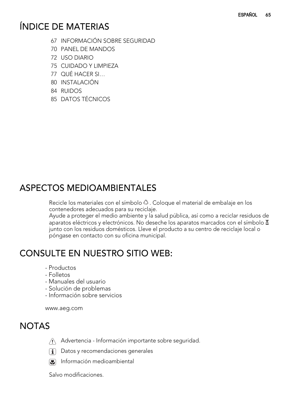 Índice de materias, Aspectos medioambientales, Consulte en nuestro sitio web | Notas | AEG SWD81800G1 User Manual | Page 65 / 88