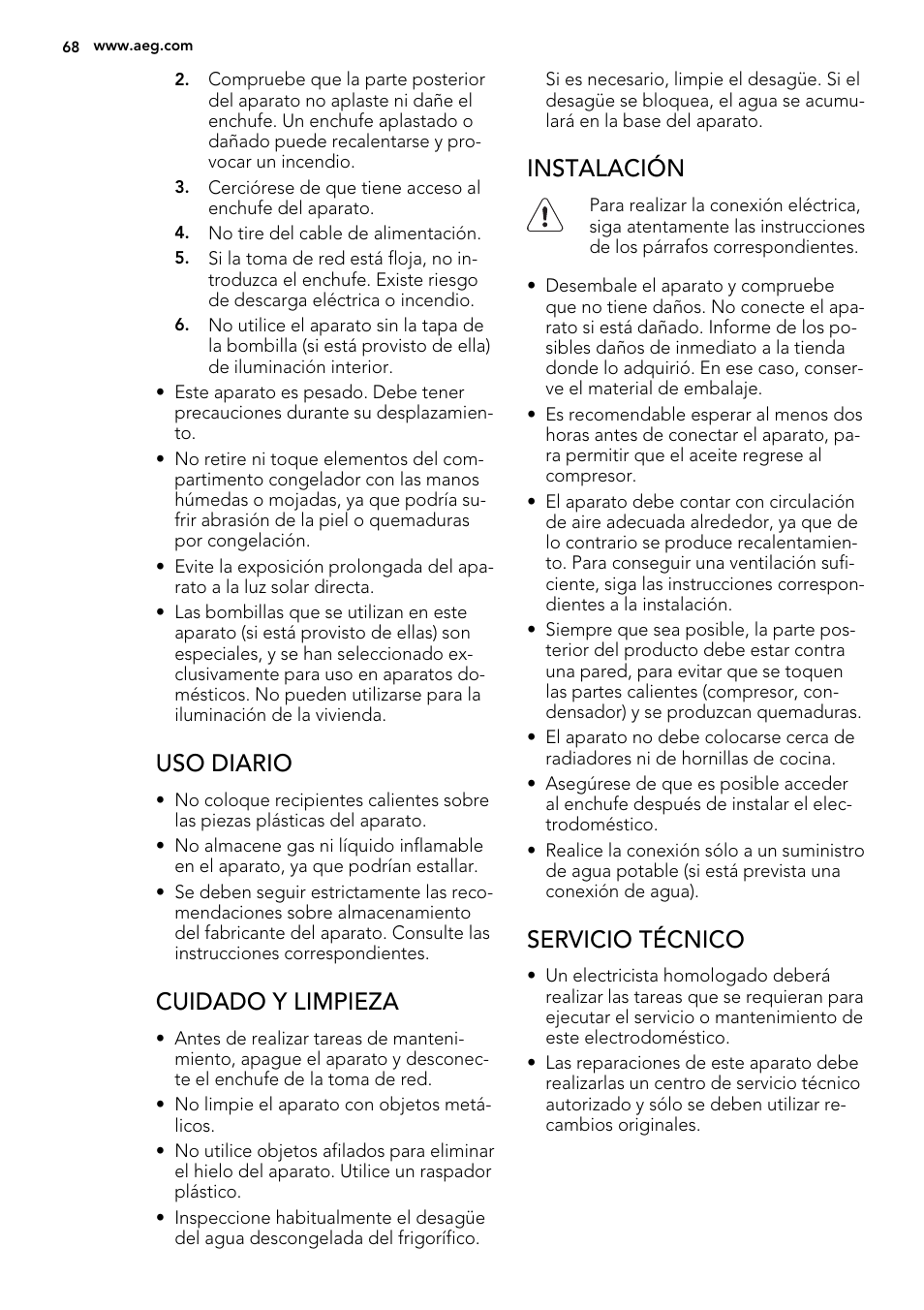 Uso diario, Cuidado y limpieza, Instalación | Servicio técnico | AEG SWD81800G1 User Manual | Page 68 / 88