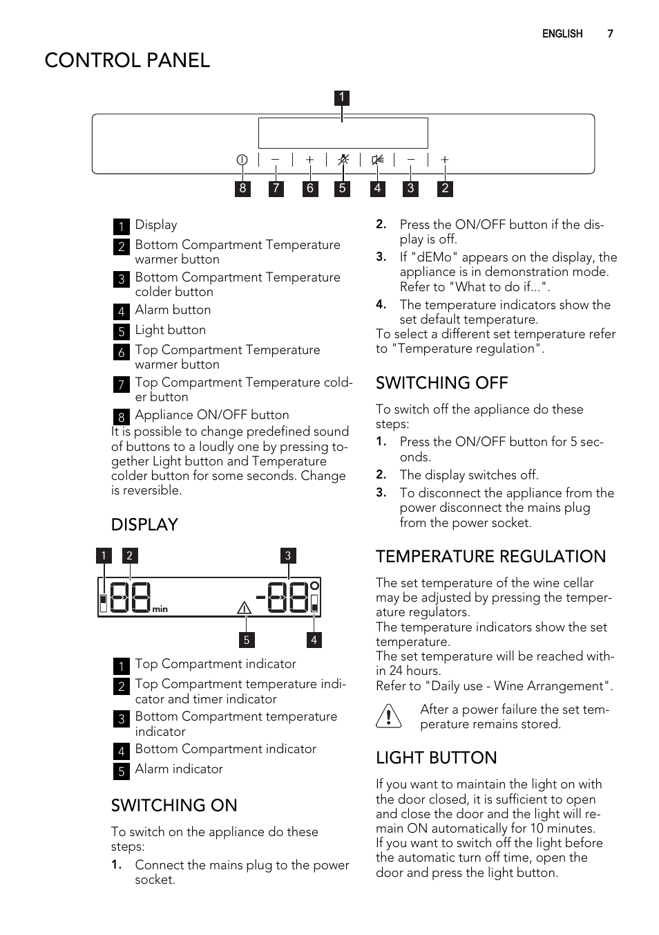 Control panel, Display, Switching on | Switching off, Temperature regulation, Light button | AEG SWD81800G1 User Manual | Page 7 / 88