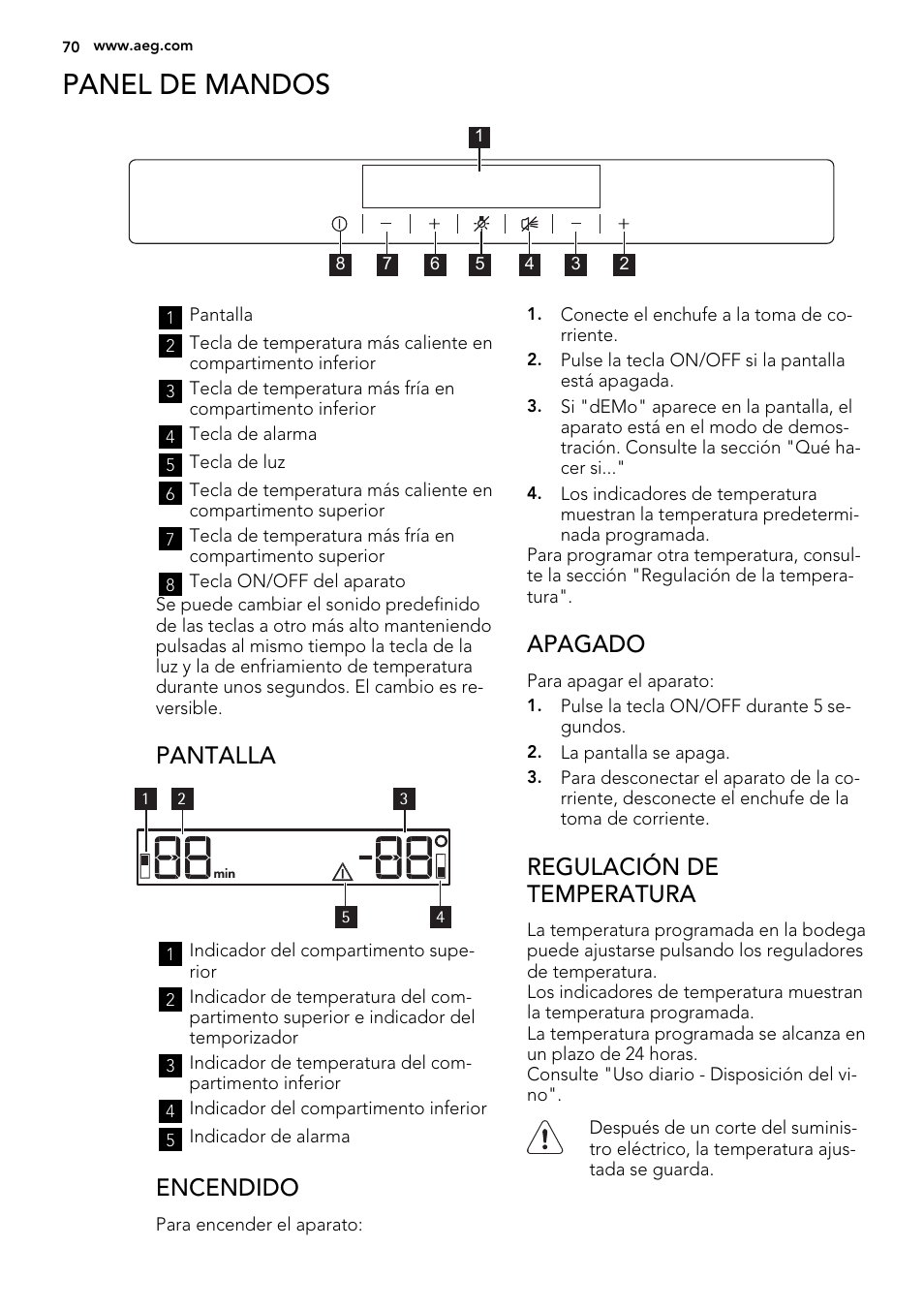 Panel de mandos, Pantalla, Encendido | Apagado, Regulación de temperatura | AEG SWD81800G1 User Manual | Page 70 / 88