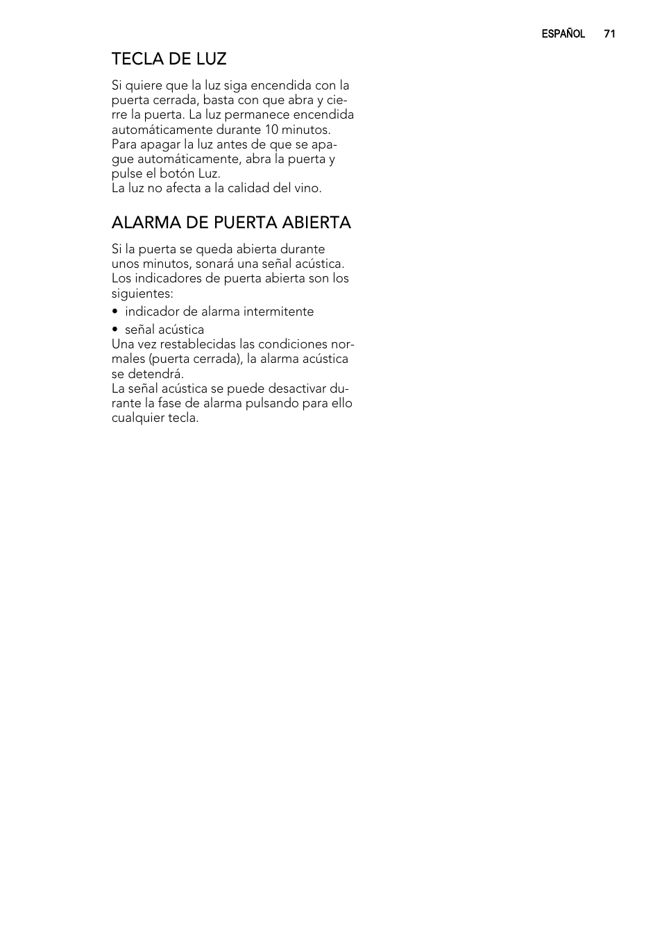 Tecla de luz, Alarma de puerta abierta | AEG SWD81800G1 User Manual | Page 71 / 88