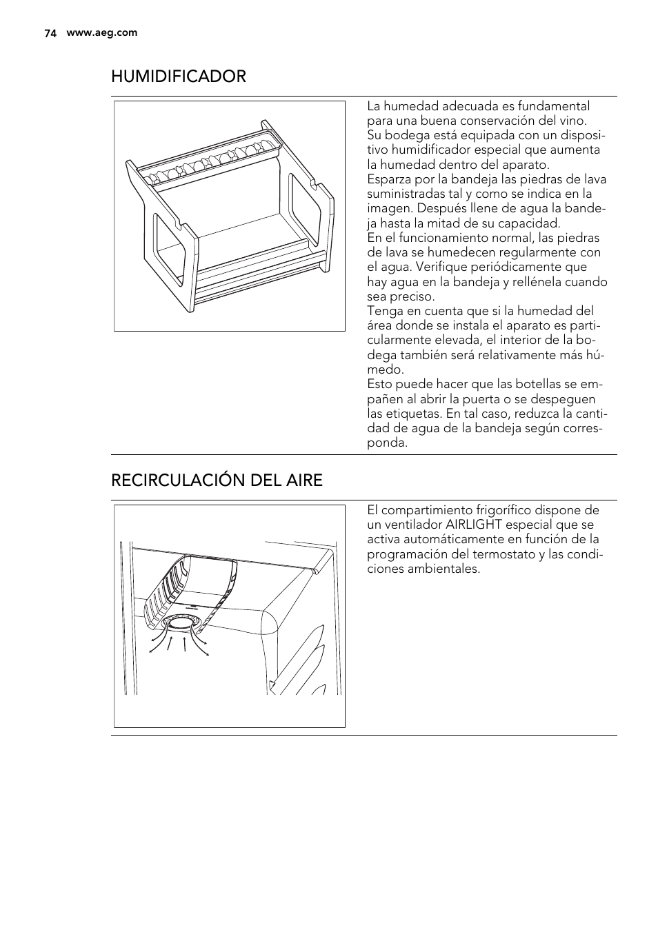 Humidificador, Recirculación del aire | AEG SWD81800G1 User Manual | Page 74 / 88