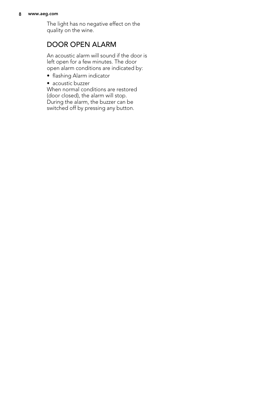 Door open alarm | AEG SWD81800G1 User Manual | Page 8 / 88