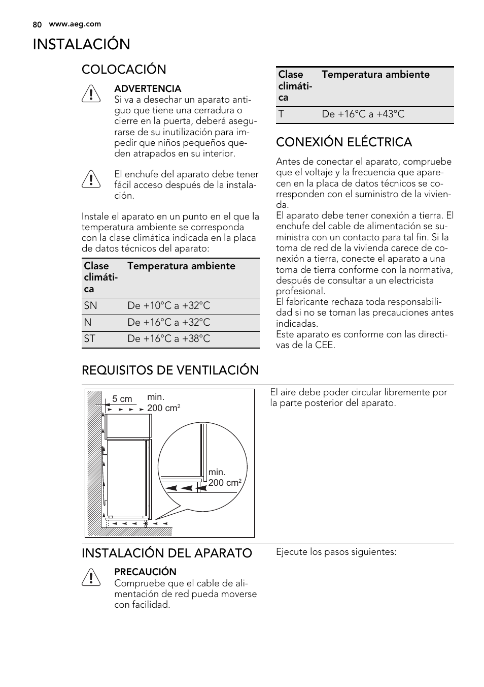 Instalación, Colocación, Conexión eléctrica | Requisitos de ventilación, Instalación del aparato | AEG SWD81800G1 User Manual | Page 80 / 88