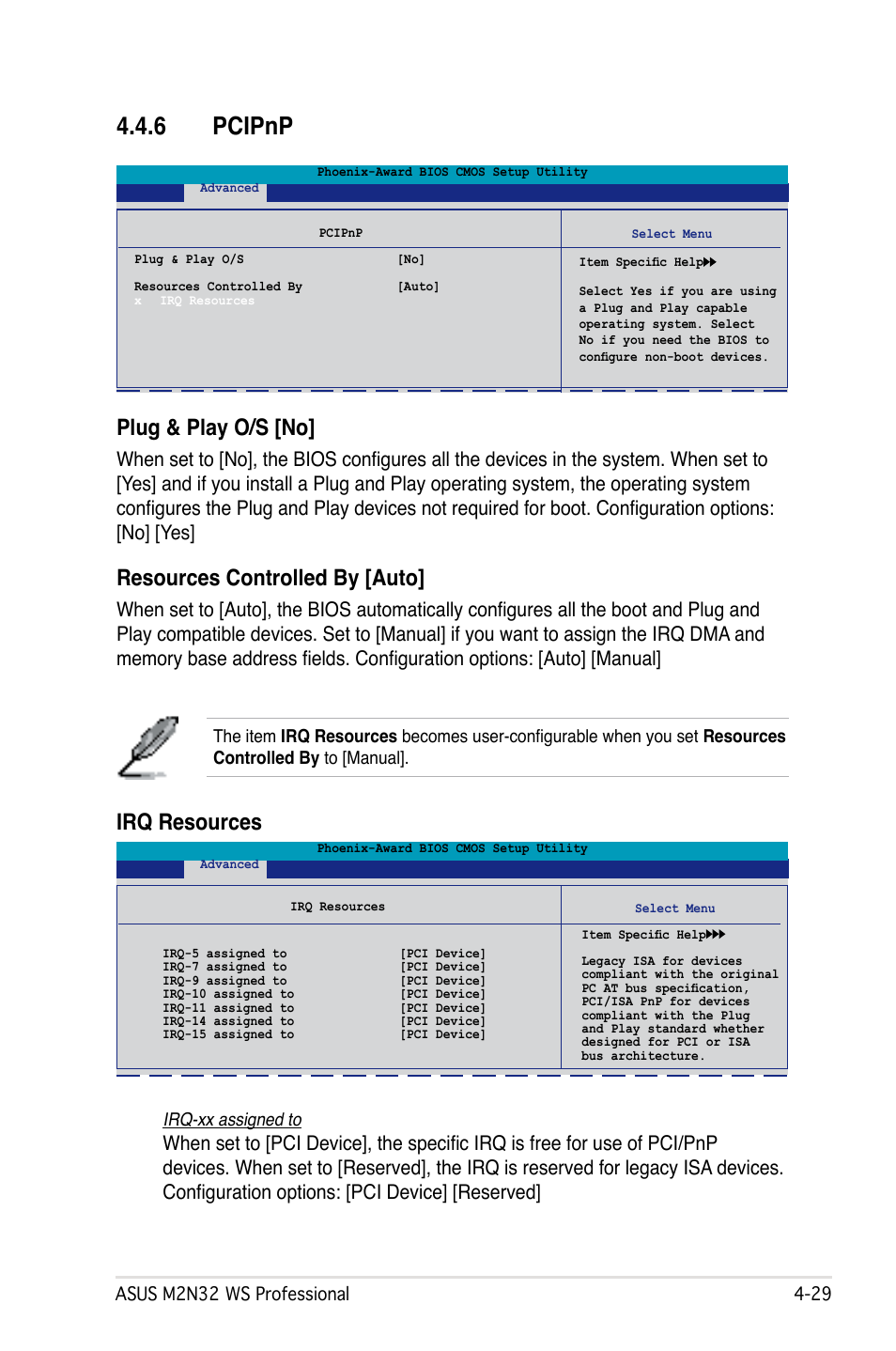 6 pcipnp, Plug & play o/s [no, Resources controlled by [auto | Irq resources | Asus M2N32 WS Professional User Manual | Page 101 / 130