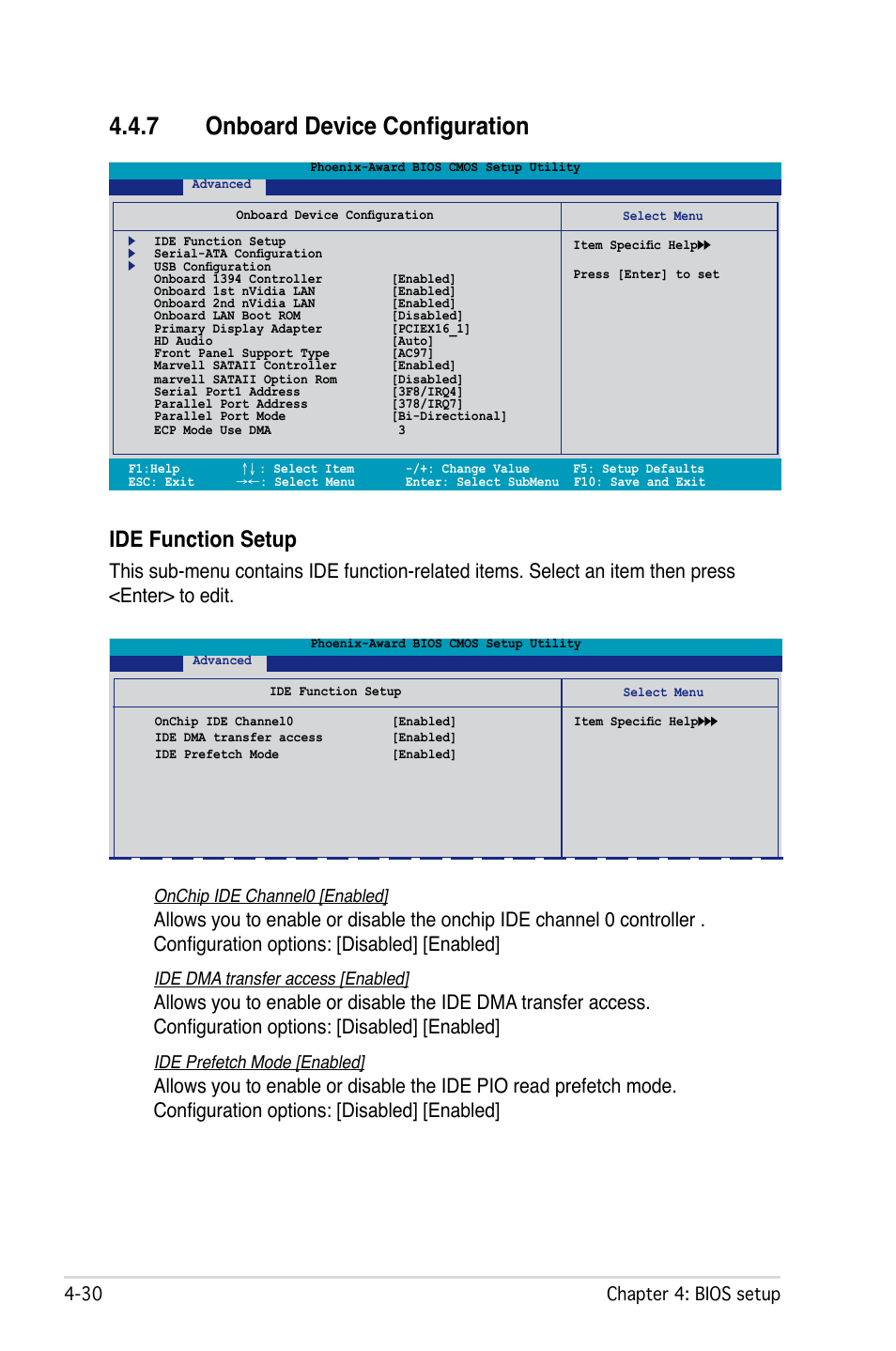 7 onboard device configuration, Ide function setup, 0 chapter : bios setup | Onchip ide channel0 [enabled, Ide dma transfer access [enabled, Ide prefetch mode [enabled | Asus M2N32 WS Professional User Manual | Page 102 / 130