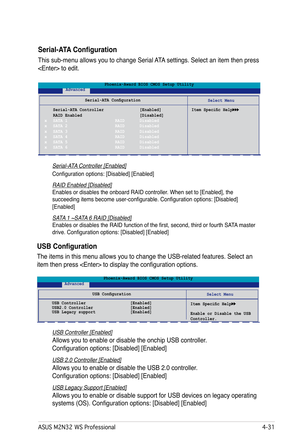 Serial-ata configuration, Usb configuration | Asus M2N32 WS Professional User Manual | Page 103 / 130