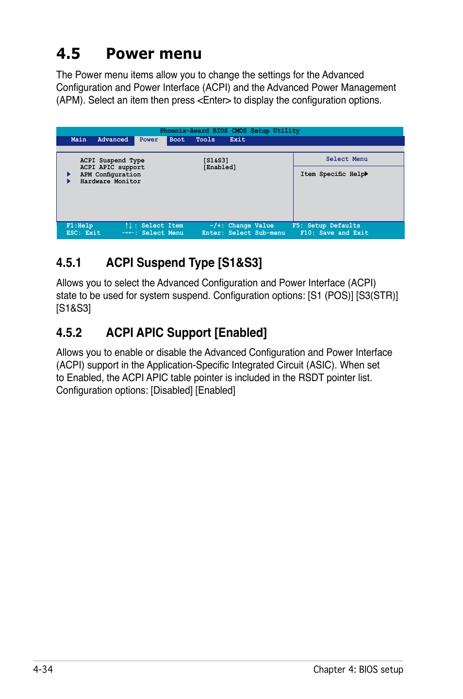 5 power menu, 1 acpi suspend type [s1&s3, 2 acpi apic support [enabled | Asus M2N32 WS Professional User Manual | Page 106 / 130