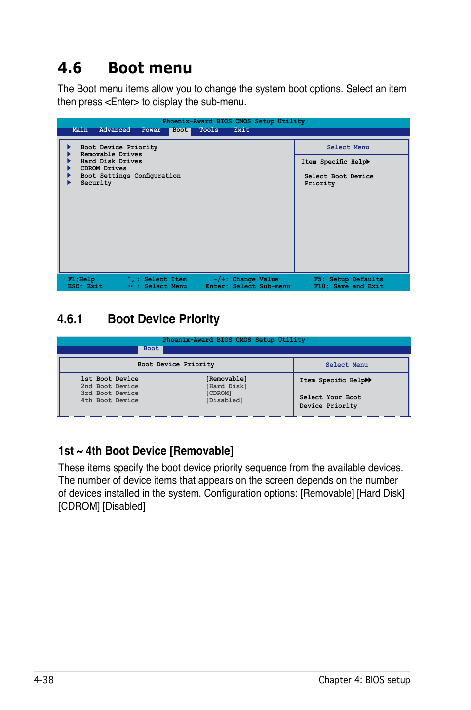 6 boot menu, 1 boot device priority, 1st ~ 4th boot device [removable | Asus M2N32 WS Professional User Manual | Page 110 / 130