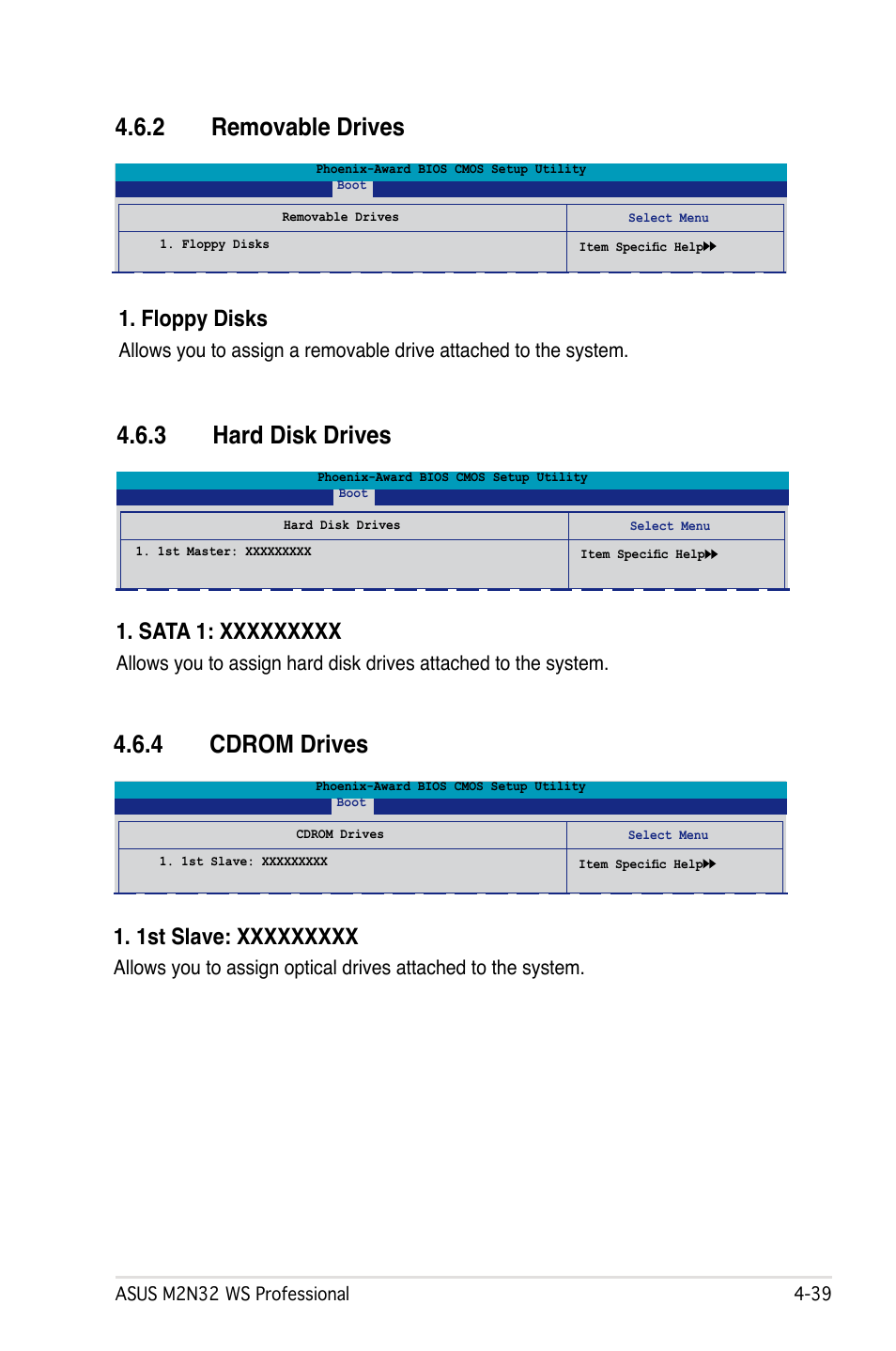 2 removable drives, 3 hard disk drives, 4 cdrom drives | Floppy disks | Asus M2N32 WS Professional User Manual | Page 111 / 130