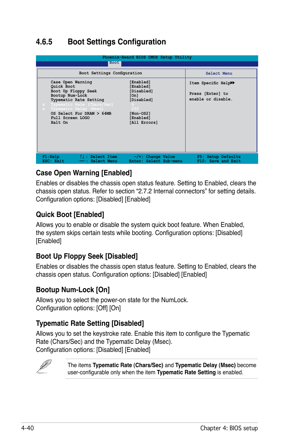 5 boot settings configuration, Case open warning [enabled, Quick boot [enabled | Boot up floppy seek [disabled, Bootup num-lock [on, Typematic rate setting [disabled | Asus M2N32 WS Professional User Manual | Page 112 / 130