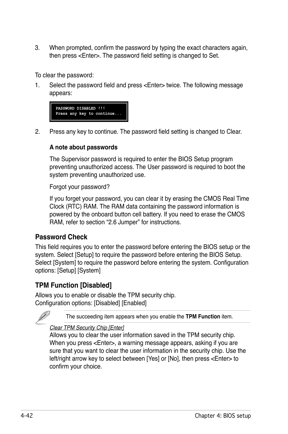 Password check, Tpm function [disabled | Asus M2N32 WS Professional User Manual | Page 114 / 130