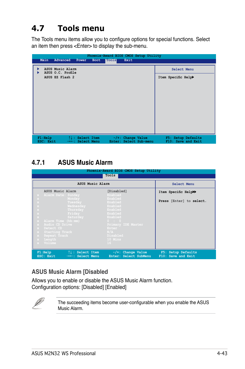 7 tools menu, 1 asus music alarm, Asus music alarm [disabled | Asus M2N32 WS Professional User Manual | Page 115 / 130