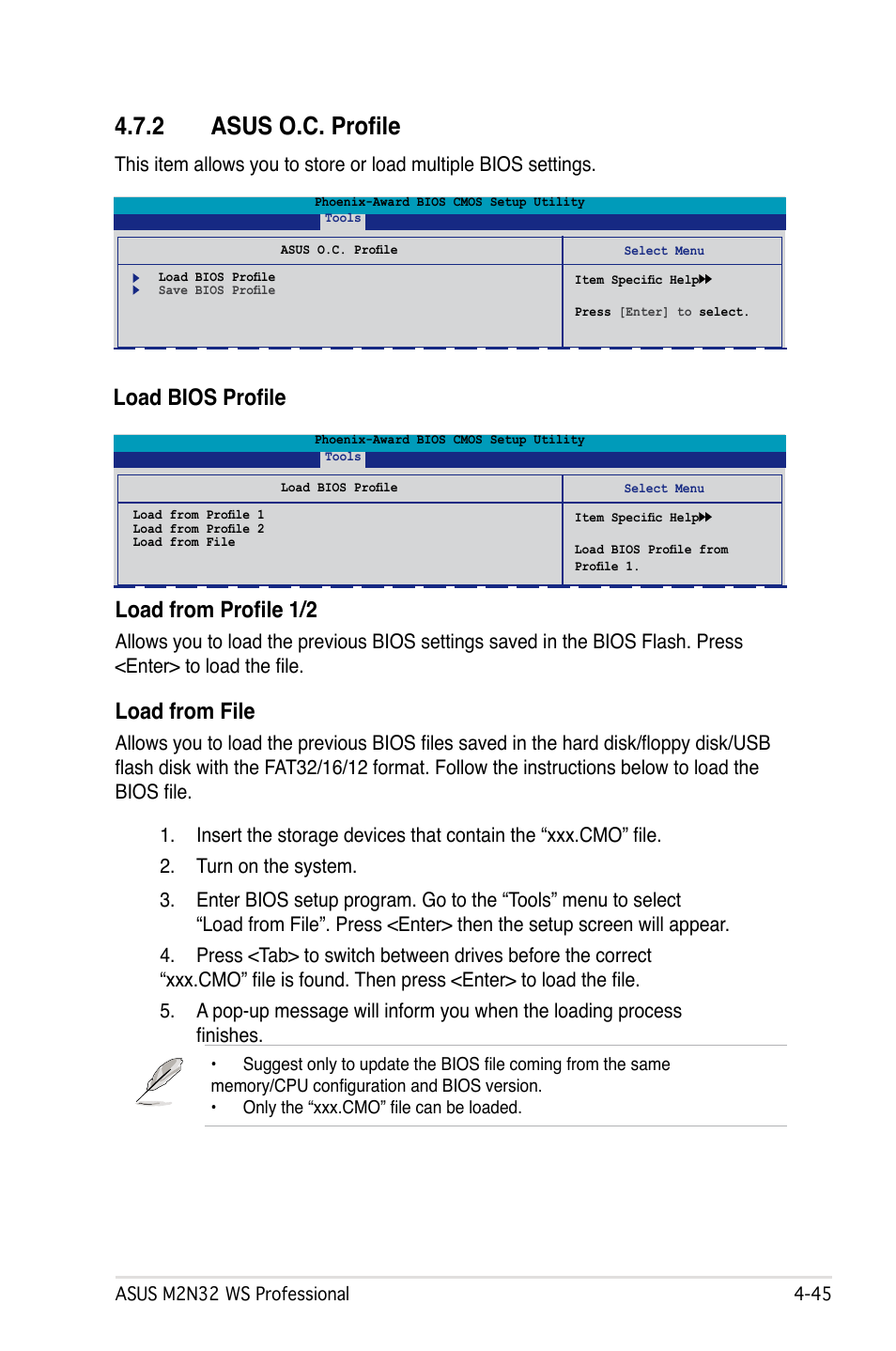 2 asus o.c. profile, Load bios profile load from profile 1/2, Load from file | Asus M2N32 WS Professional User Manual | Page 117 / 130