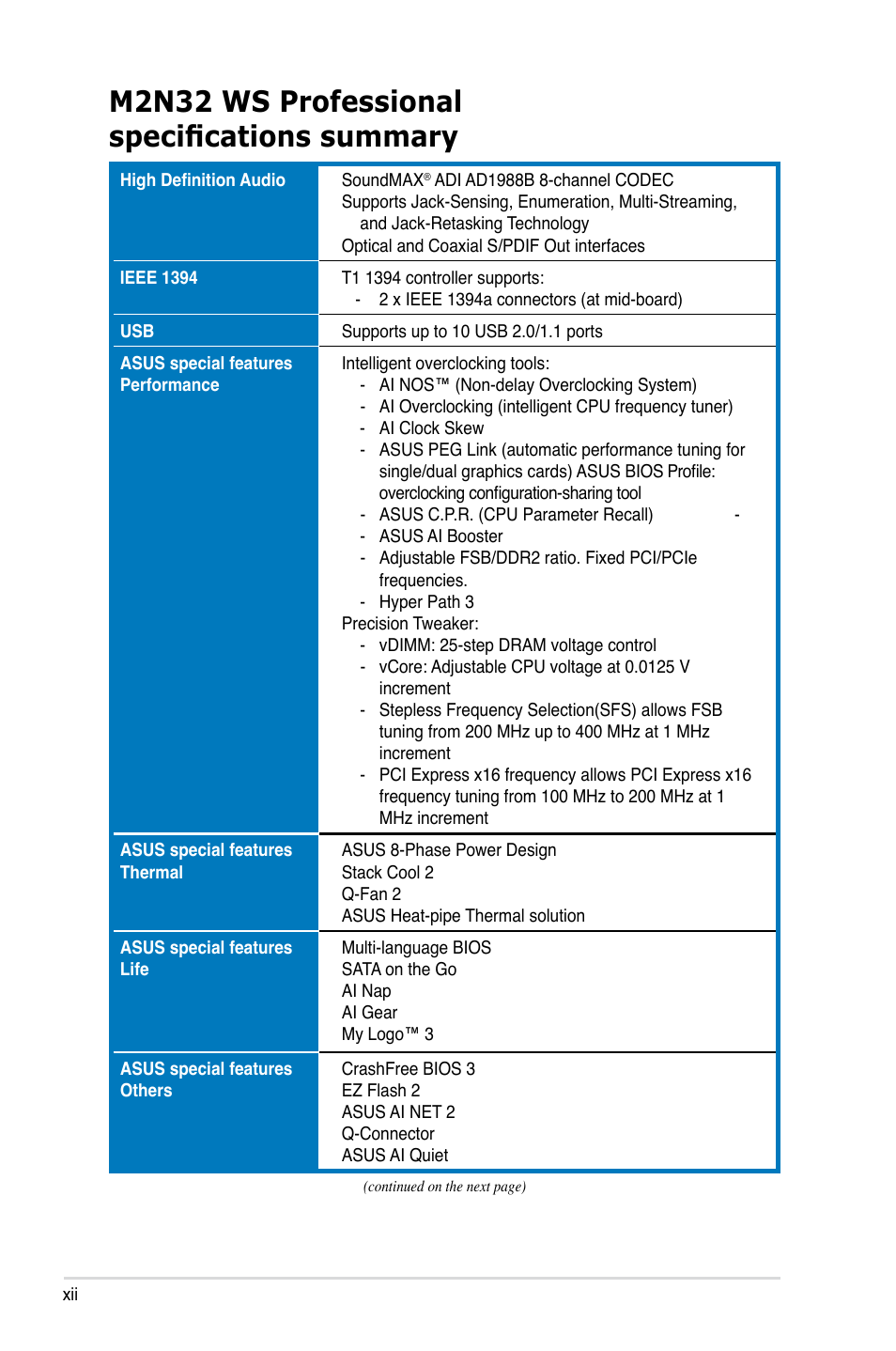 M2n32 ws professional specifications summary | Asus M2N32 WS Professional User Manual | Page 12 / 130