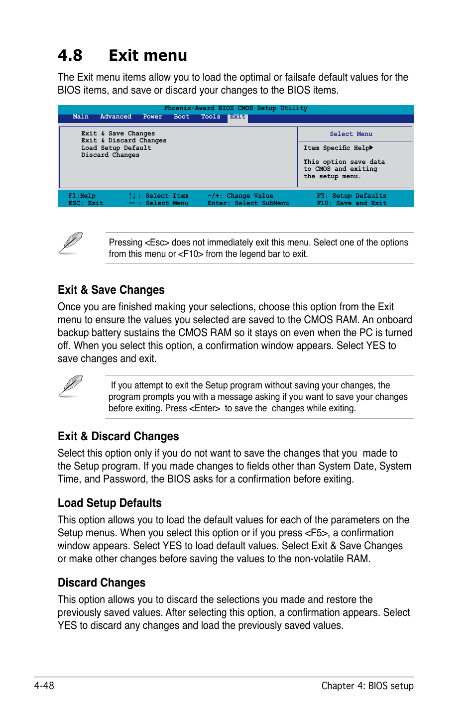 8 exit menu, Exit & save changes, Exit & discard changes | Load setup defaults, Discard changes | Asus M2N32 WS Professional User Manual | Page 120 / 130