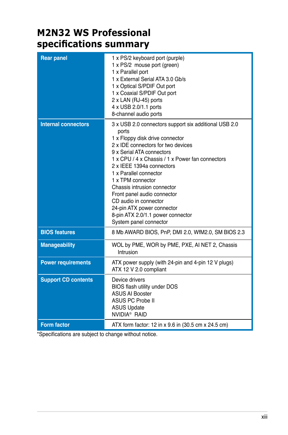 M2n32 ws professional specifications summary | Asus M2N32 WS Professional User Manual | Page 13 / 130