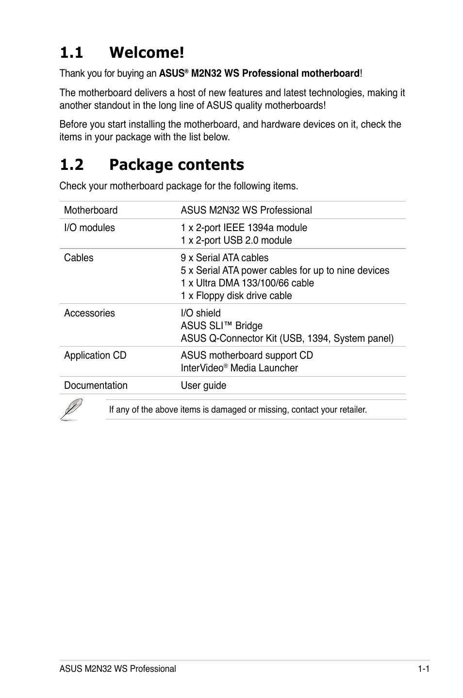 1 welcome, 2 package contents | Asus M2N32 WS Professional User Manual | Page 17 / 130