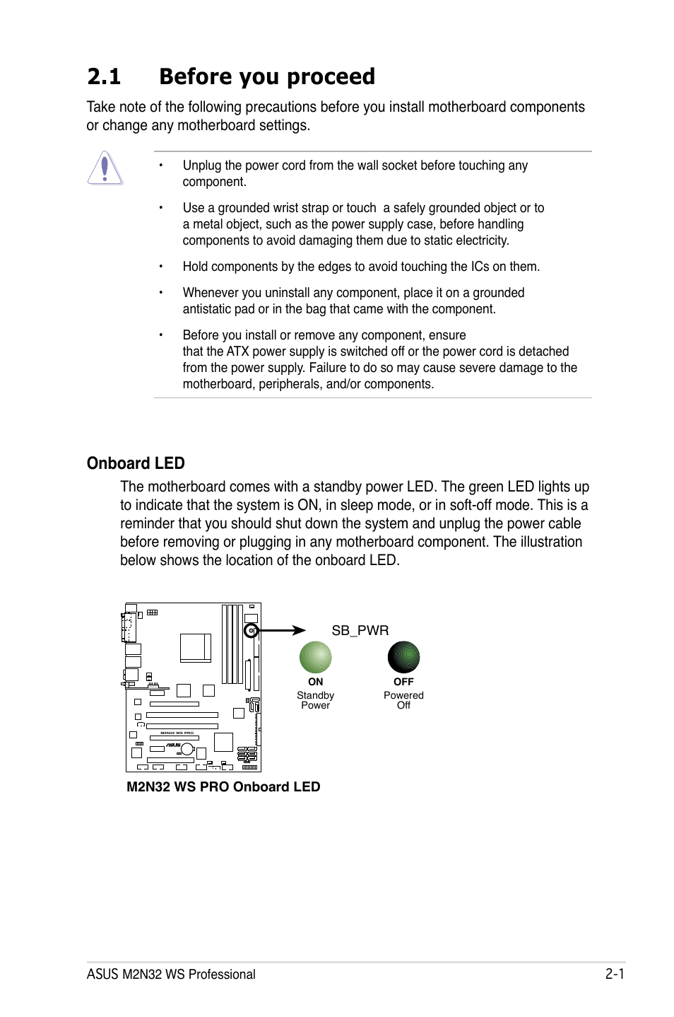 1 before you proceed, Onboard led | Asus M2N32 WS Professional User Manual | Page 27 / 130