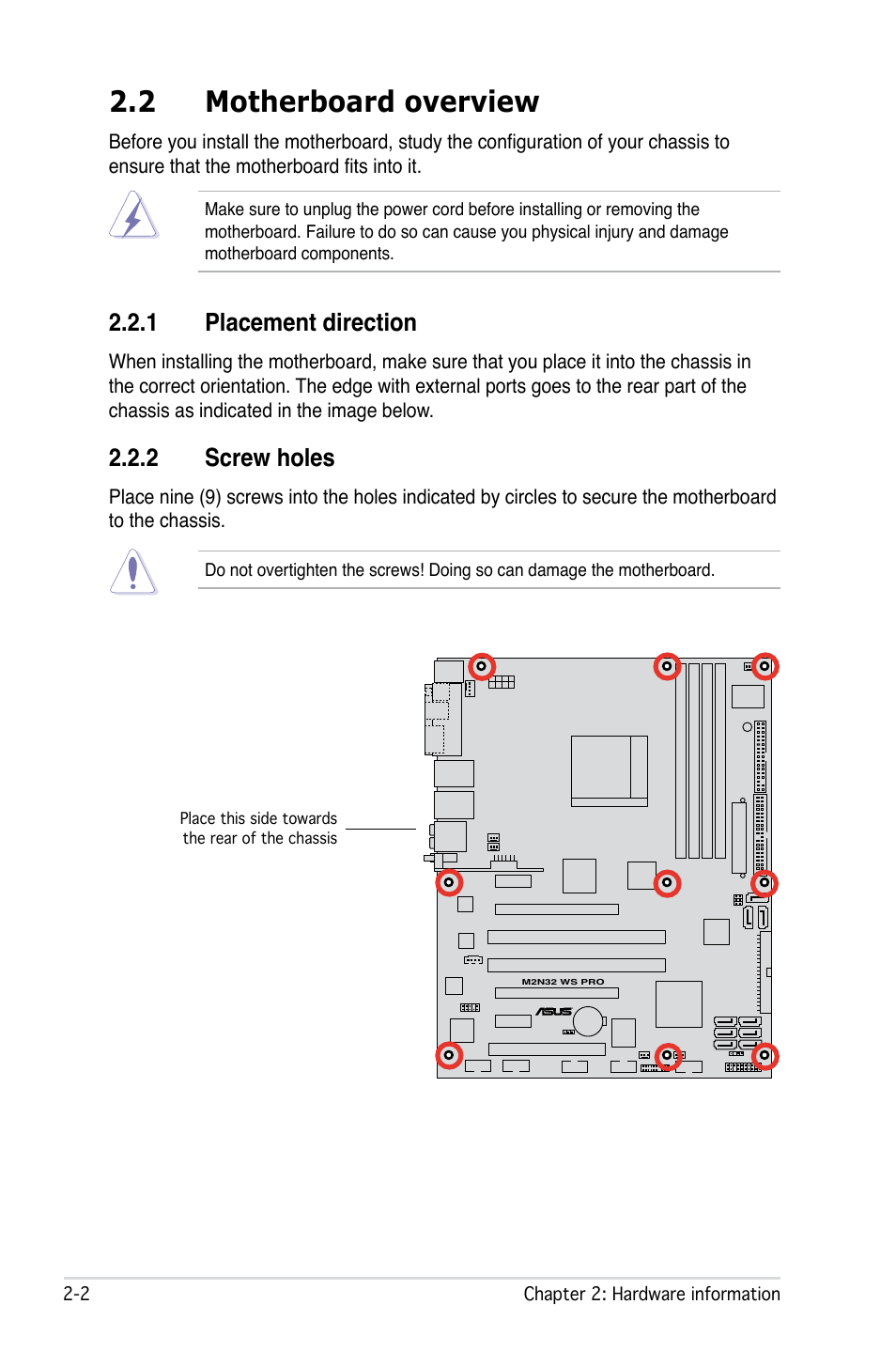 2 motherboard overview, 1 placement direction, 2 screw holes | Asus M2N32 WS Professional User Manual | Page 28 / 130