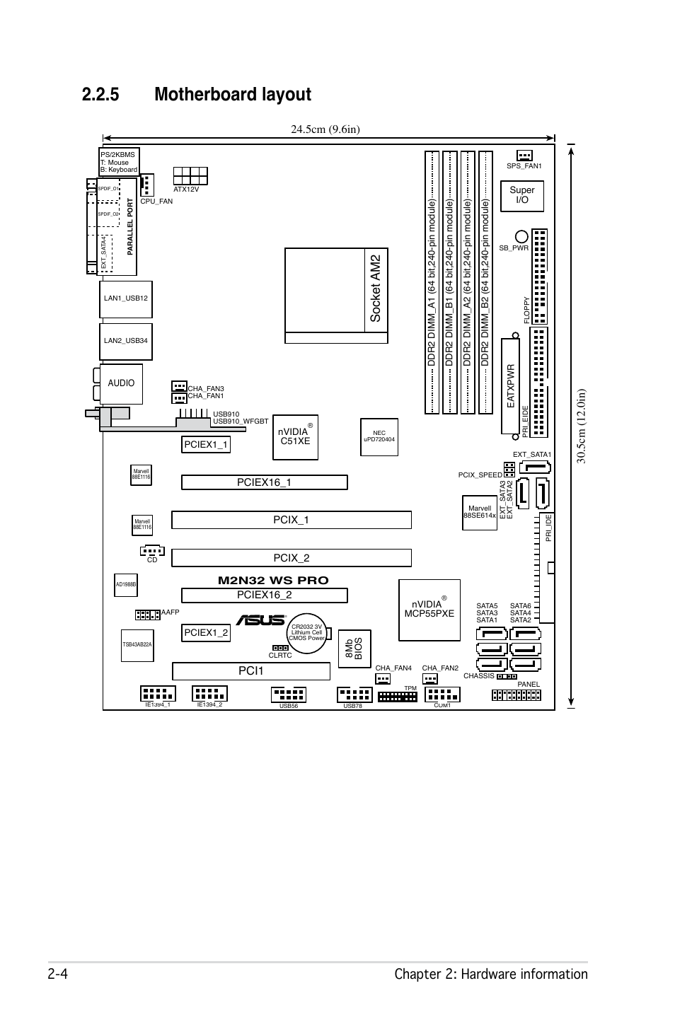 5 motherboard layout,  chapter 2: hardware information, Socket am2 | Pci1, M2n32 ws pro, Pciex16_1, Pciex16_2, Pcix_1 pcix_2 | Asus M2N32 WS Professional User Manual | Page 30 / 130