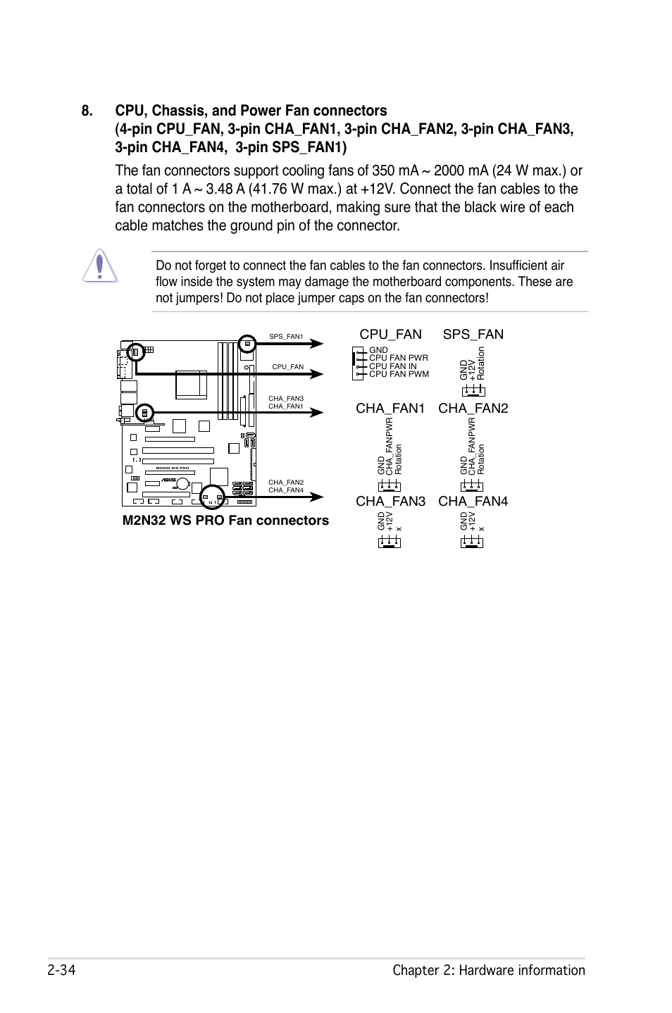  chapter 2: hardware information, M2n32 ws pro fan connectors cpu_fan, Sps_fan cha_fan2 | Cha_fan1 cha_fan4, Cha_fan3 | Asus M2N32 WS Professional User Manual | Page 60 / 130