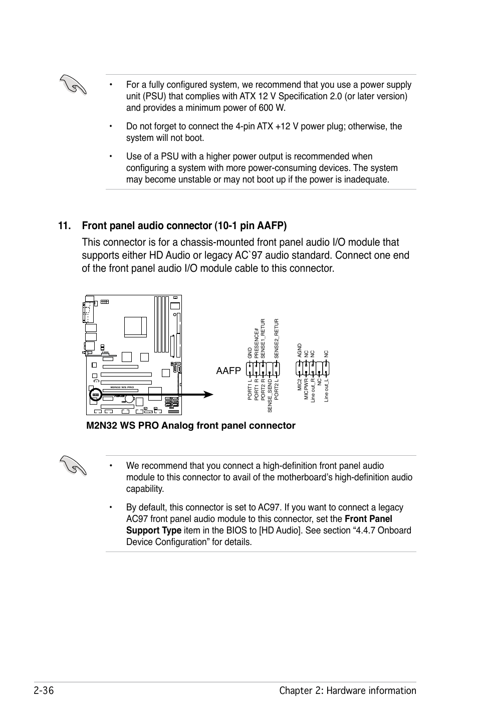 M2n32 ws pro analog front panel connector aafp | Asus M2N32 WS Professional User Manual | Page 62 / 130