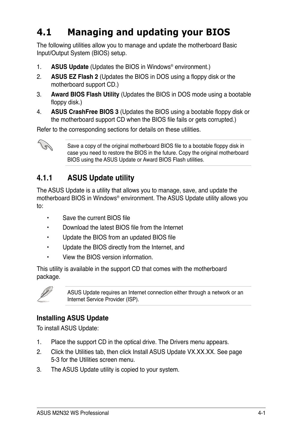 1 managing and updating your bios, 1 asus update utility | Asus M2N32 WS Professional User Manual | Page 73 / 130