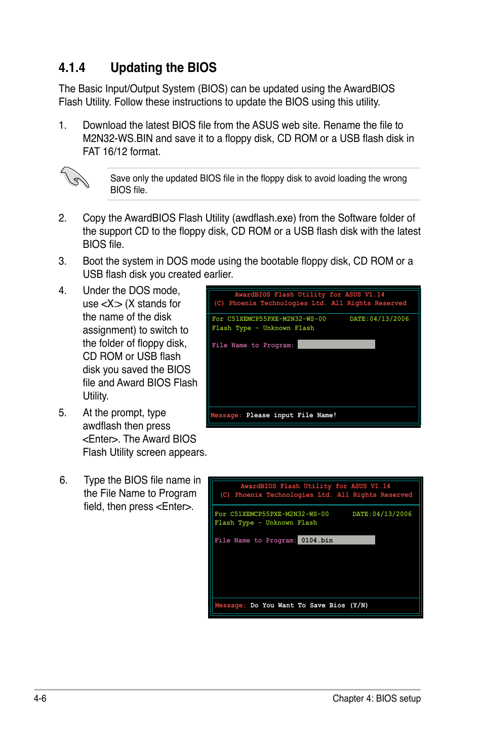 4 updating the bios | Asus M2N32 WS Professional User Manual | Page 78 / 130