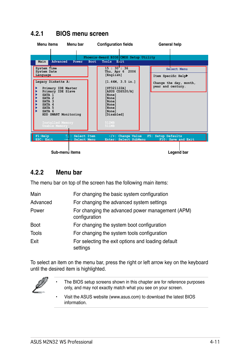 1 bios menu screen, 2 menu bar | Asus M2N32 WS Professional User Manual | Page 83 / 130