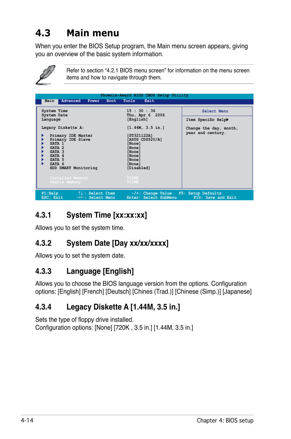 3 main menu, 1 system time [xx:xx:xx, 3 language [english | Allows you to set the system time, Allows you to set the system date | Asus M2N32 WS Professional User Manual | Page 86 / 130