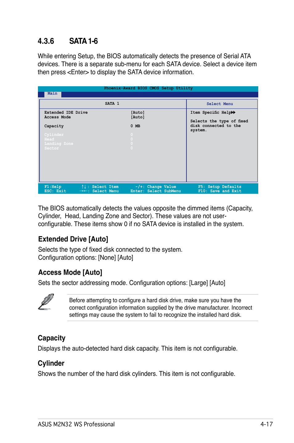 6 sata 1-6, Extended drive [auto, Access mode [auto | Capacity, Cylinder | Asus M2N32 WS Professional User Manual | Page 89 / 130