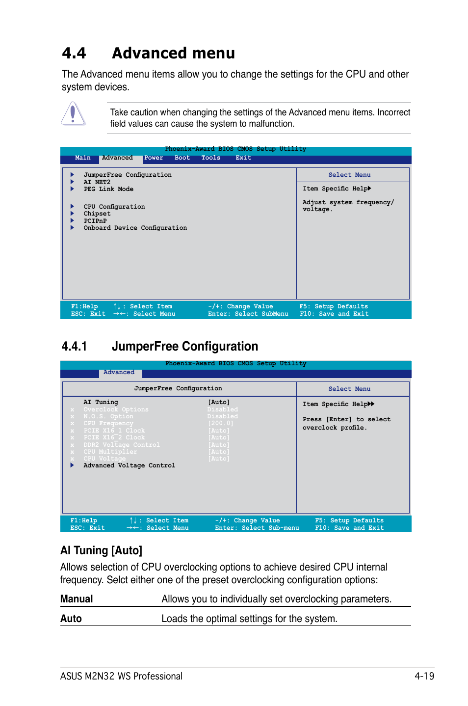 4 advanced menu, 1 jumperfree configuration, Ai tuning [auto | Asus M2N32 WS Professional User Manual | Page 91 / 130