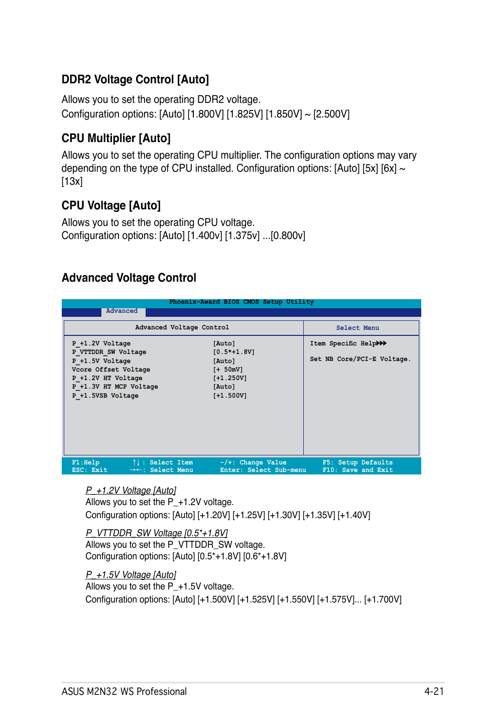 Ddr2 voltage control [auto, Cpu multiplier [auto, Cpu voltage [auto | Advanced voltage control | Asus M2N32 WS Professional User Manual | Page 93 / 130