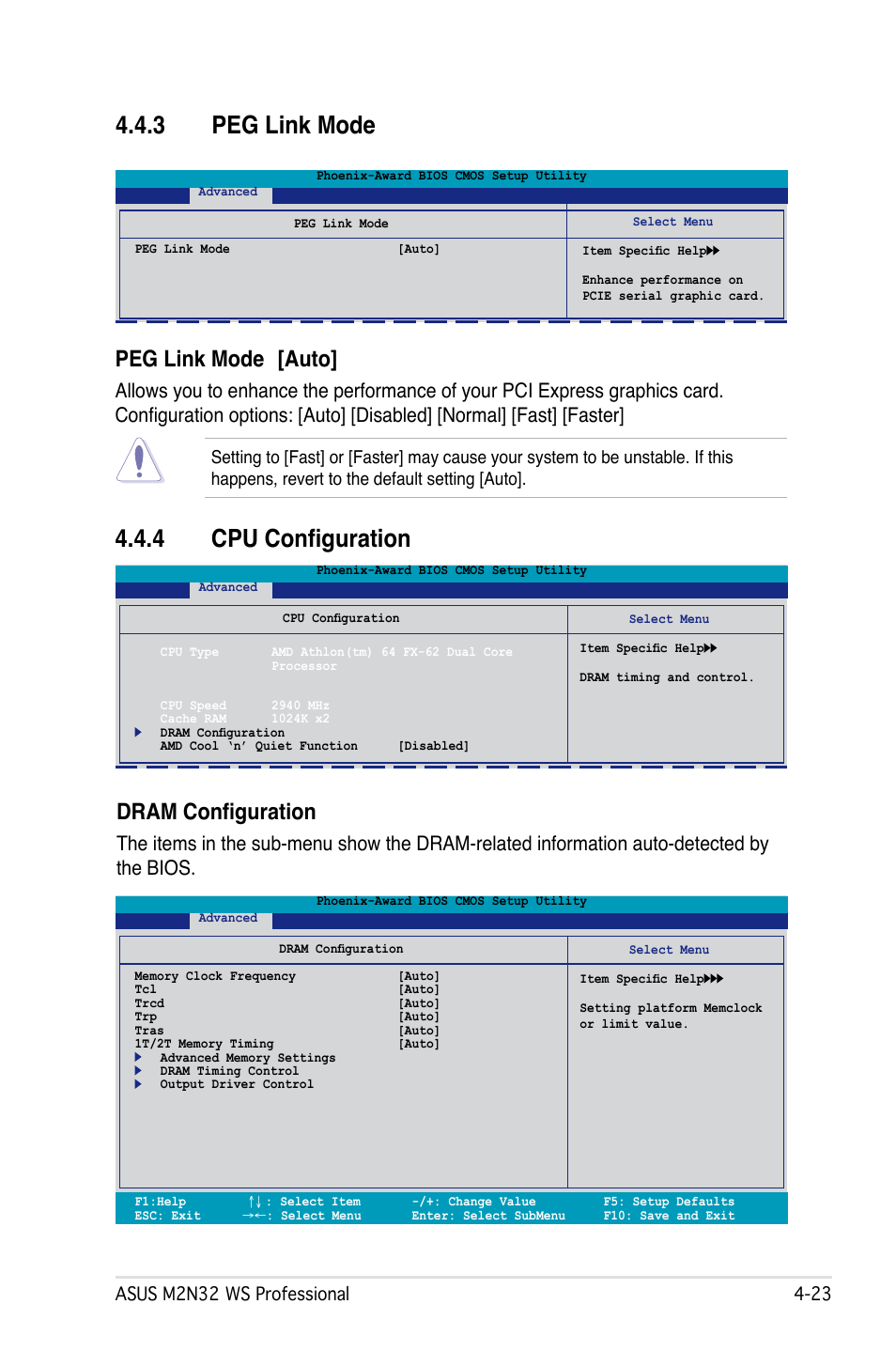 3 peg link mode, 4 cpu configuration, Peg link mode [auto | Dram configuration, Asus m2n2 ws professional -2 | Asus M2N32 WS Professional User Manual | Page 95 / 130