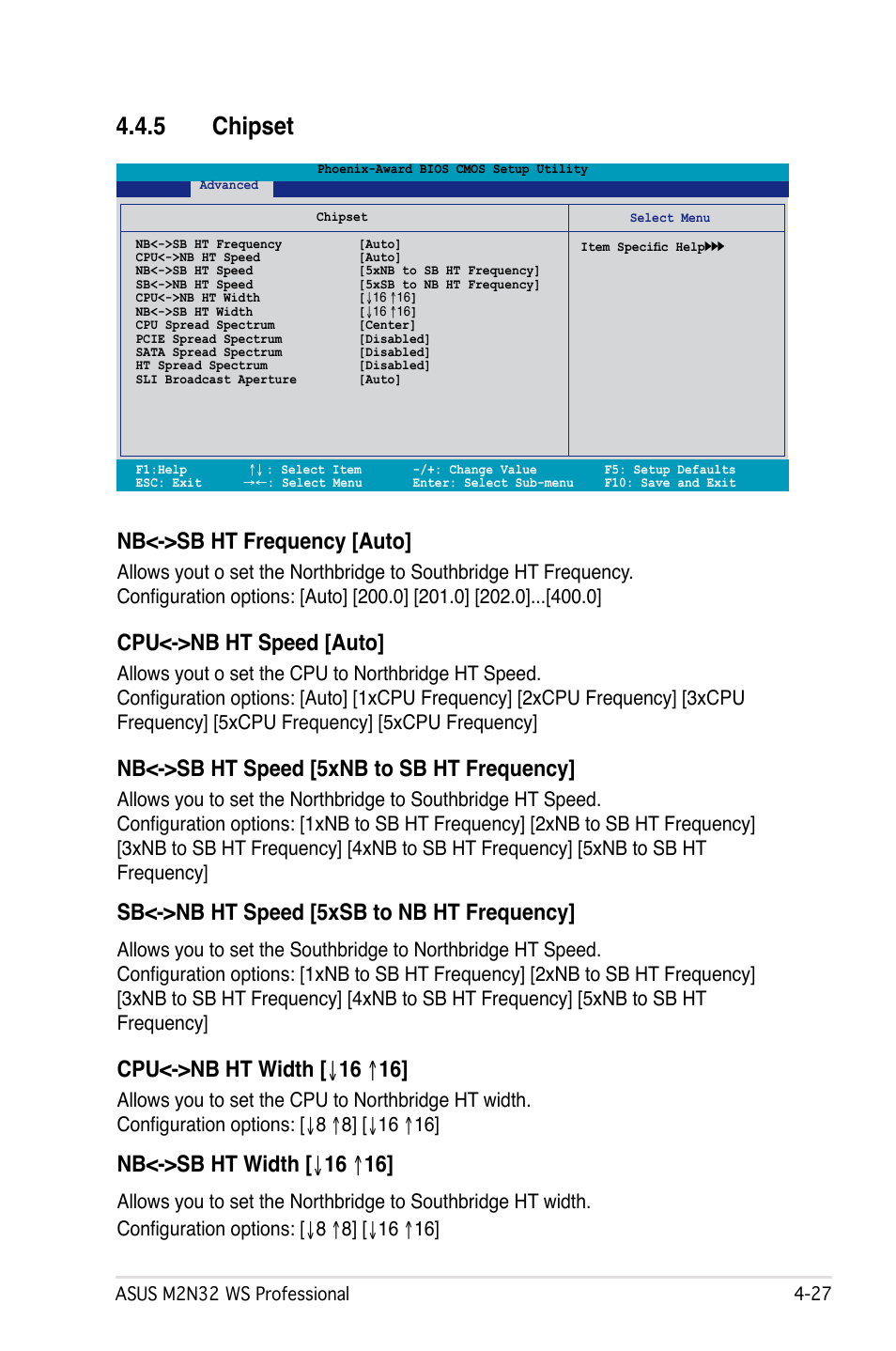 5 chipset, Nb<->sb ht frequency [auto, Cpu<->nb ht speed [auto | Nb<->sb ht speed [5xnb to sb ht frequency, Sb<->nb ht speed [5xsb to nb ht frequency, Cpu<->nb ht width [ ↓ 16 ↑ 16, Nb<->sb ht width [ ↓ 16 ↑ 16 | Asus M2N32 WS Professional User Manual | Page 99 / 130