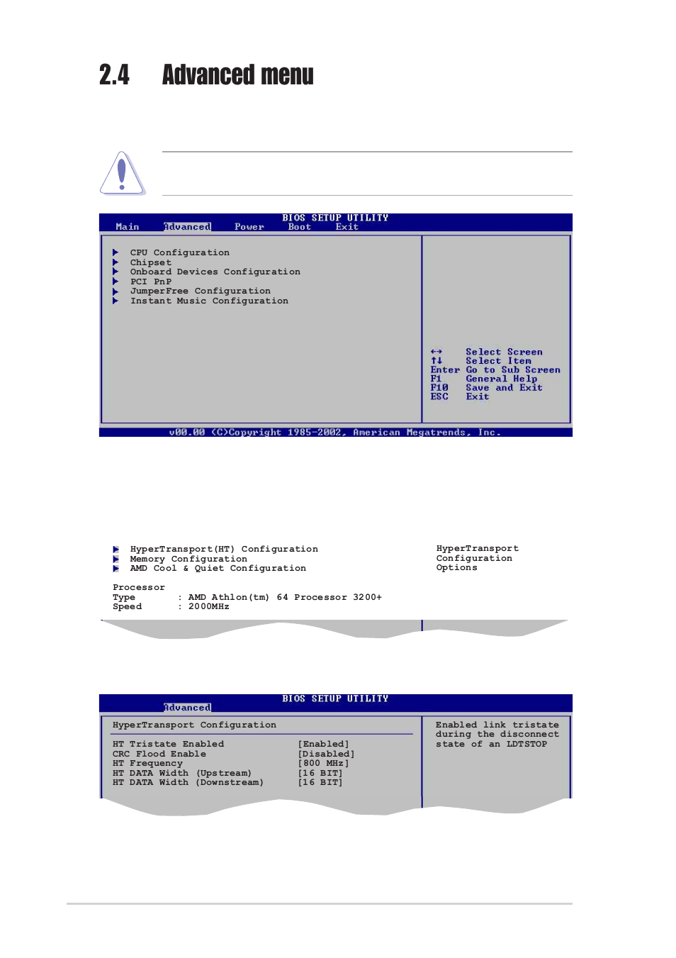 4 advanced menu, 1 cpu configuration, Hypertransport configuration | Ht tristate enable [enabled, 14 chapter 2: bios setup | Asus K8V-X User Manual | Page 50 / 84