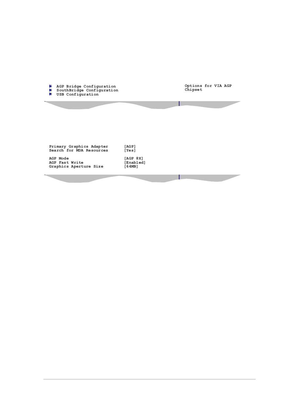 2 chipset, Agp bridge configuration, Primary graphics adapter [agp | Search for mda resources [yes, Agp mode [agp 8x, Agp fast write [enabled, Graphics aperture size [64mb, Asus k8v-x motherboard 2-19 | Asus K8V-X User Manual | Page 55 / 84